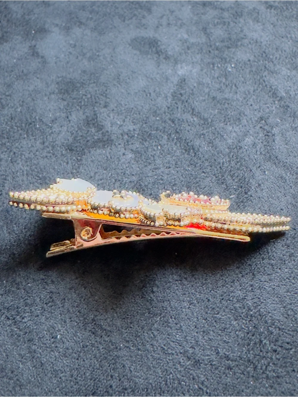 Gold Floral Leaf Barrette with White and Red Accents